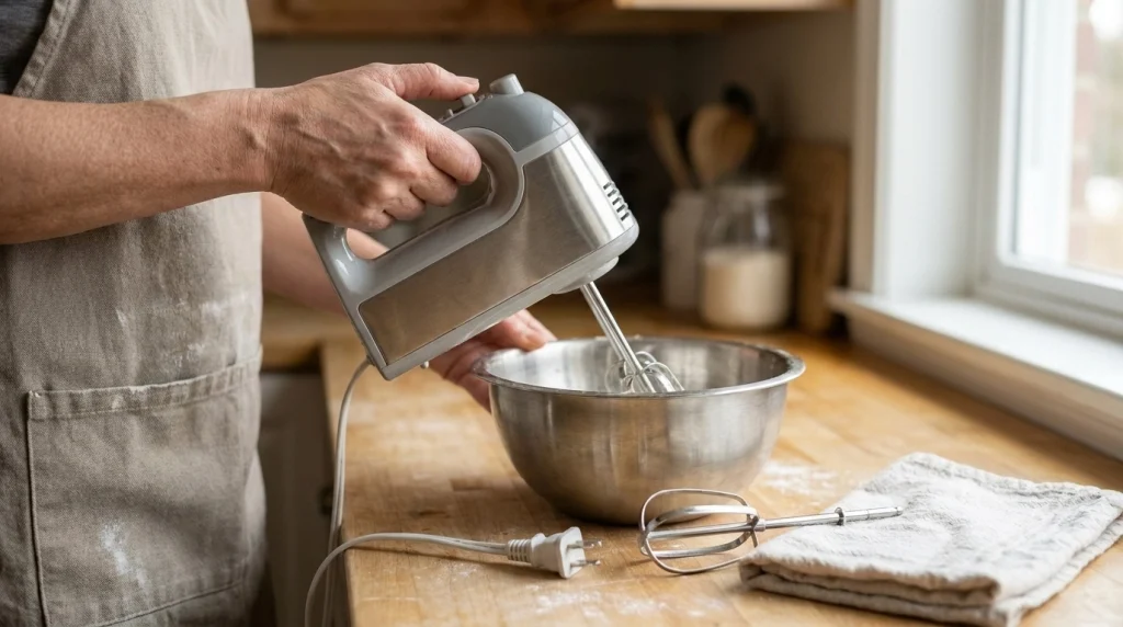 Home baker checking the grip and balance of an unplugged hand mixer above a mixing bowl.