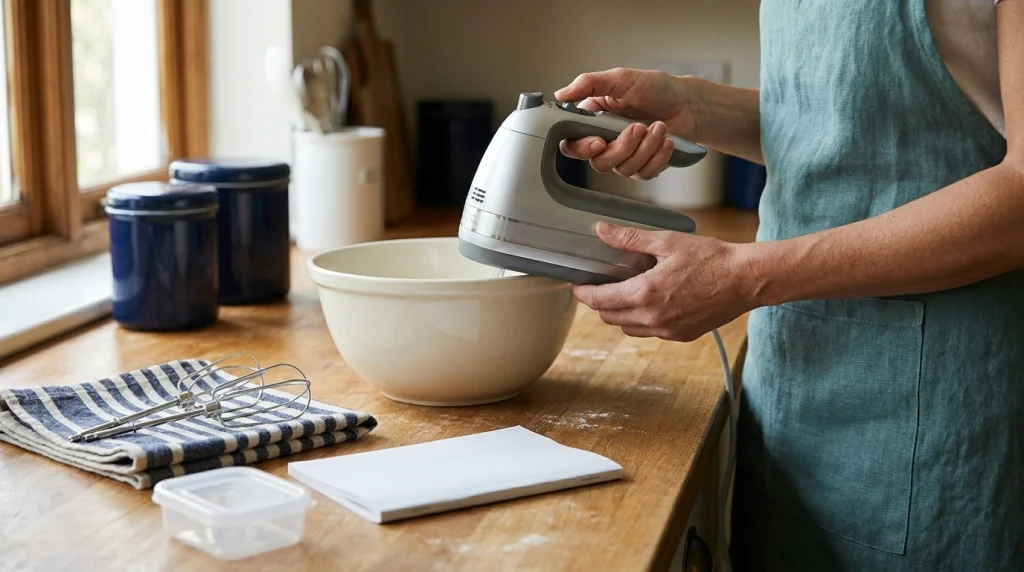 Home cook checking the grip and balance of an unplugged hand mixer beside its beaters and bowl.