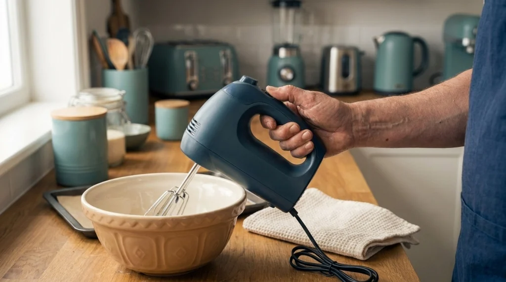 Shopper holding an unplugged hand mixer to assess handle fit, weight, surface texture, and controls.