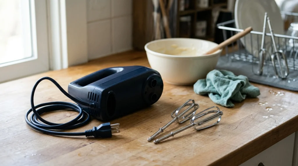 Unplugged hand mixer and stainless-steel beaters beside a bowl and drying rack.