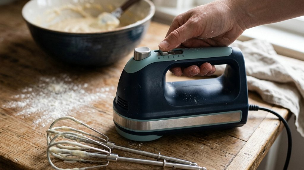 Close-up of a variable speed hand mixer showing the adjustable speed selector and stainless-steel beaters.