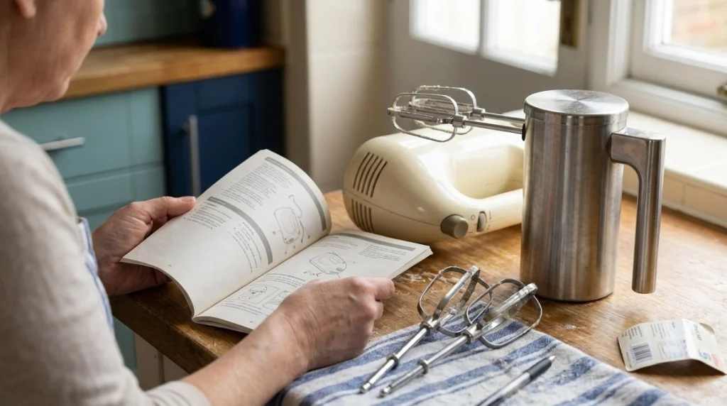 Home cook checking a hand mixer manual beside plastic and stainless steel mixer bodies.