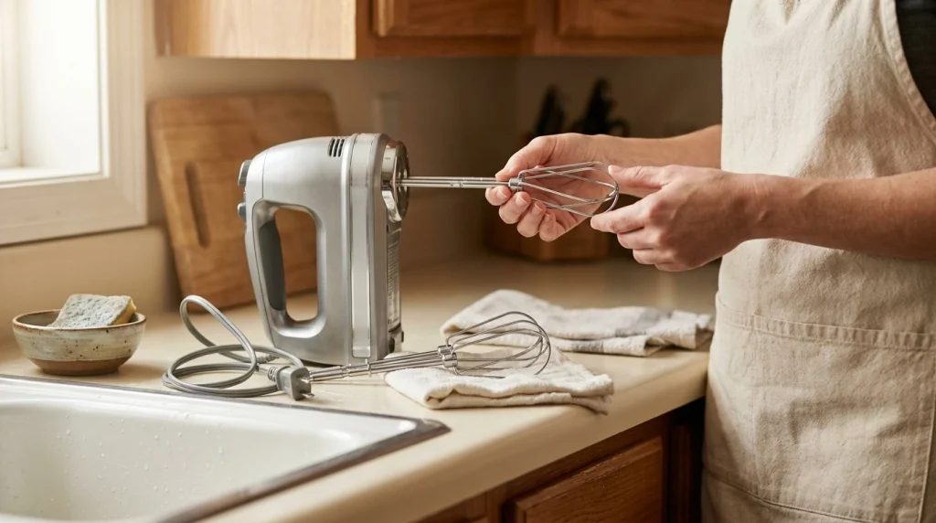 Home cook inspects a clean stainless-steel hand mixer beater beside an unplugged mixer and cleaning cloth.