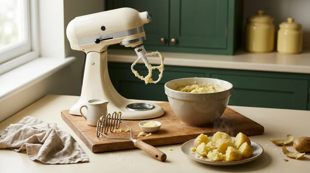 Flat beater and hand masher beside mashed potatoes, illustrating common mixing mistakes.