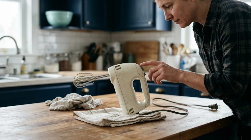 Unplugged hand mixer on a kitchen counter during a careful inspection of its eject button.