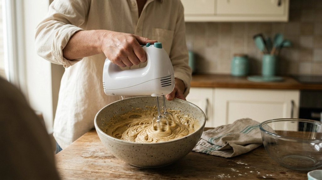 Alt Text: Home baker holding a portable hand mixer while blending thickening cake batter in a ceramic bowl.