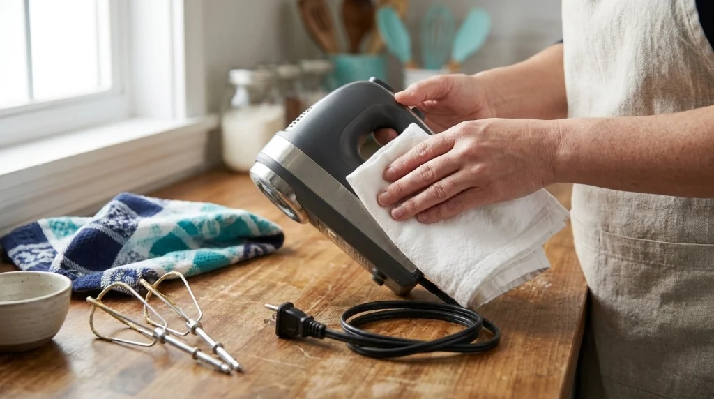 Unplugged hand mixer being cleaned beside detached beaters to help prevent motor damage.