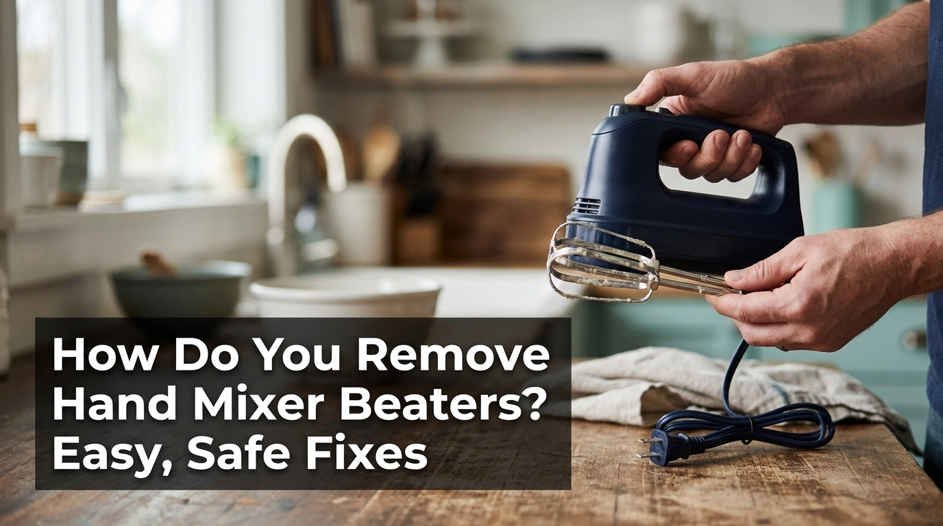 How to remove hand mixer beaters safely using the eject button in a home kitchen.