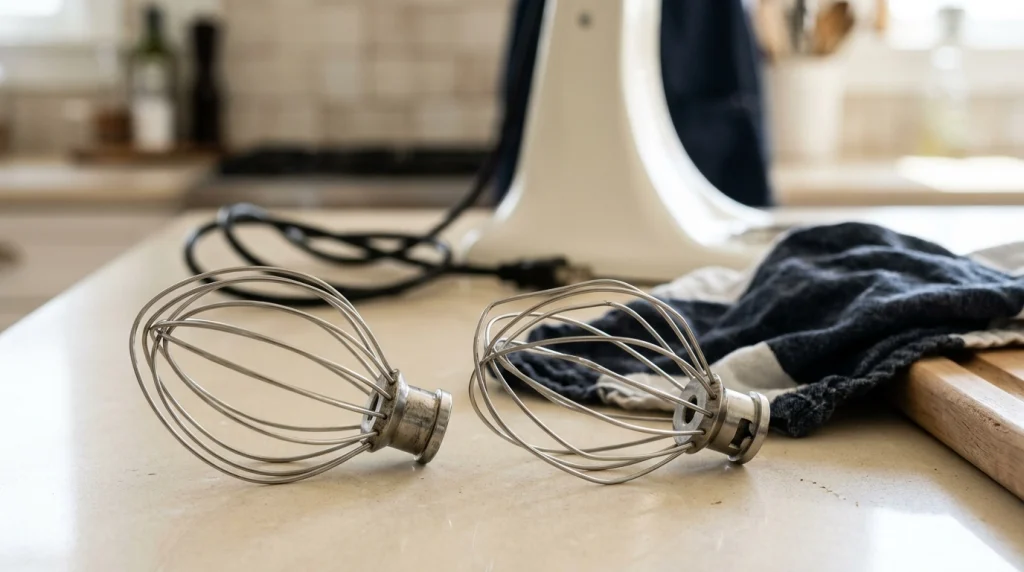 Intact and damaged balloon whisk attachments beside an unplugged stand mixer on a kitchen counter.