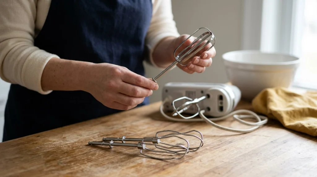 Damaged and undamaged hand mixer beaters inspected on a kitchen counter.