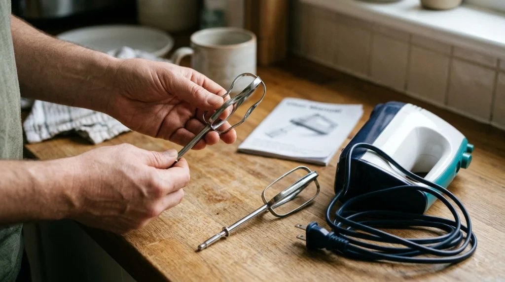 Bent hand mixer beater beside an intact replacement and an unplugged mixer on a kitchen counter.