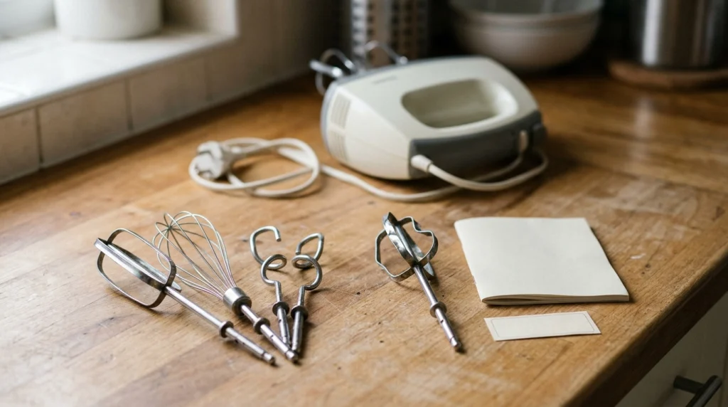 Bent hand mixer beater beside intact attachments and an unplugged mixer.