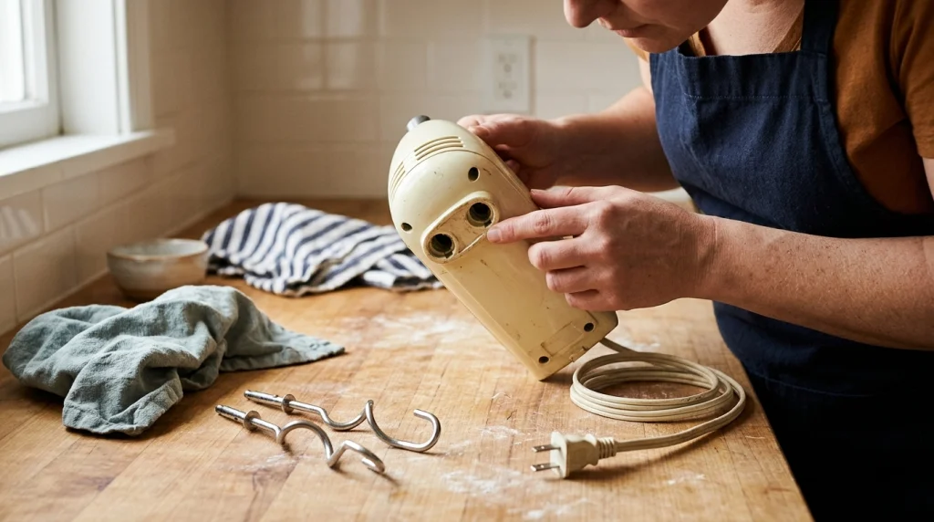 Unplugged hand mixer and inspected dough hooks on a kitchen counter before repair or replacement.