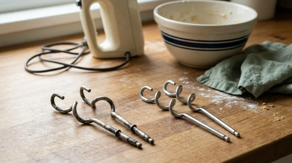 Worn hand mixer dough hooks beside a compatible replacement pair on a kitchen counter.