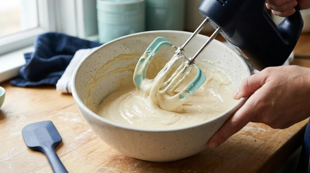 Scraper beaters mixing cake batter while their flexible edges follow the bowl wall.