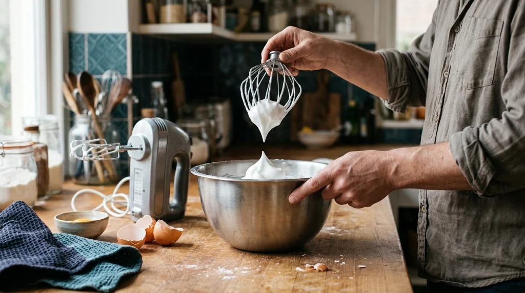 Home cook inspecting egg-white peaks on a wire whisk beside a mixing bowl.