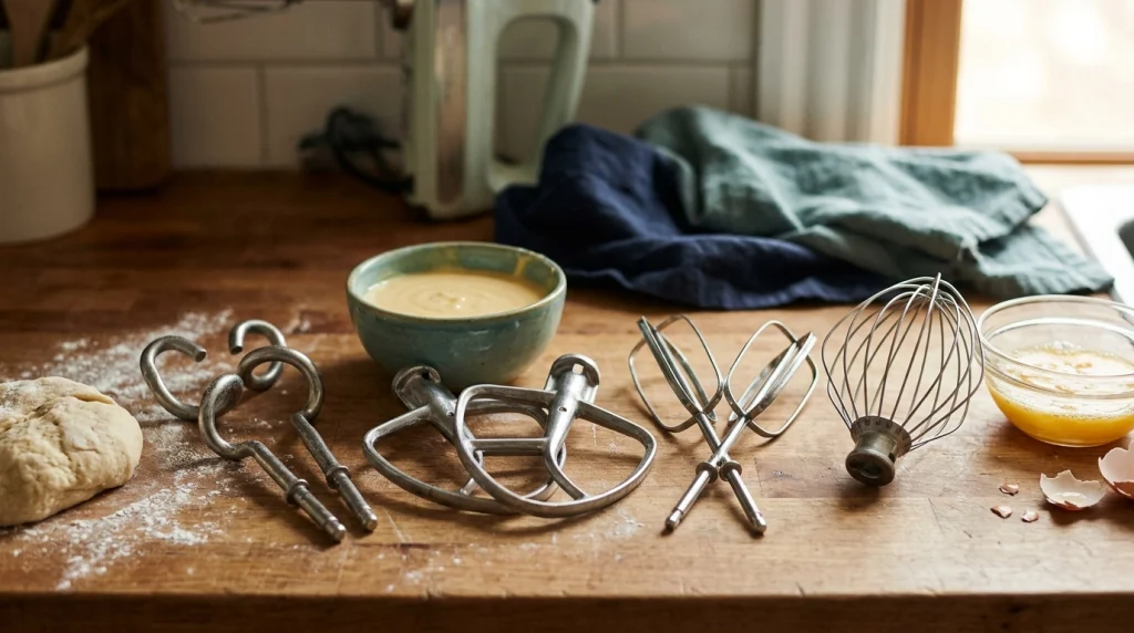 Four mixer attachments arranged beside eggs, cake batter, and bread dough.