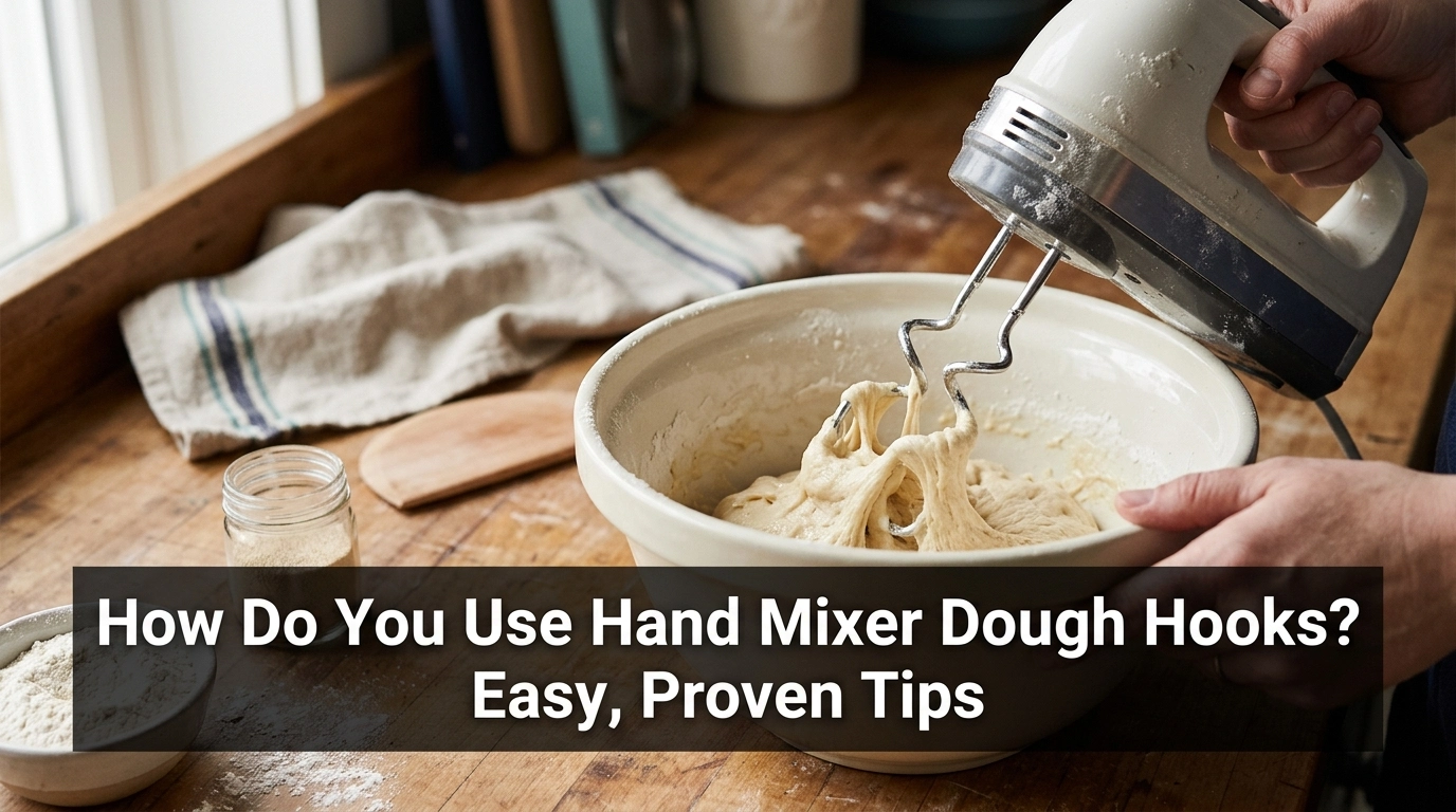 Hand mixer dough hooks mixing bread dough in a home kitchen.