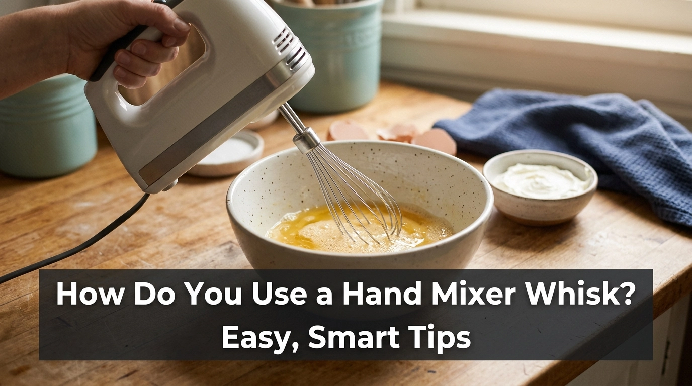 Hand mixer whisk mixing eggs in a bowl in a home kitchen