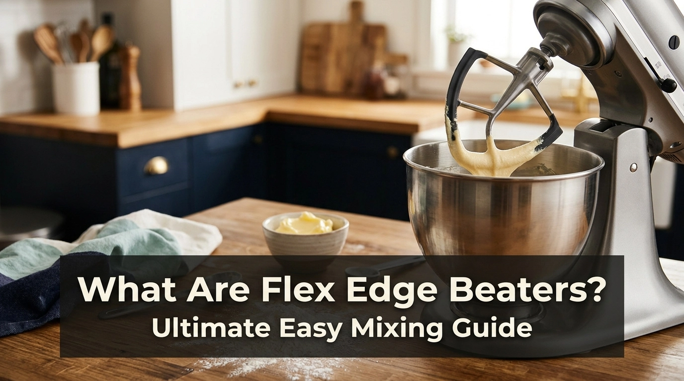 Flex edge beater attached to a stand mixer mixing cake batter in a home kitchen.