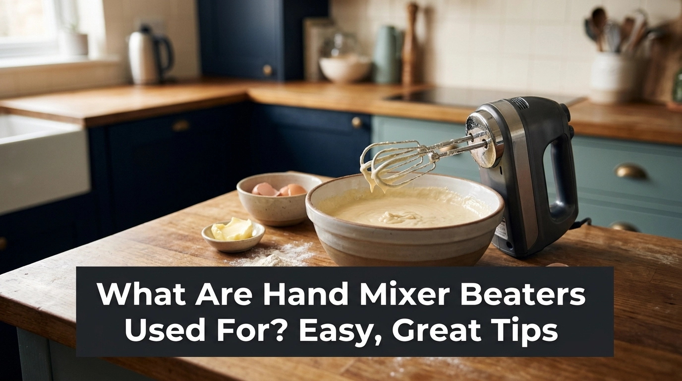 Hand mixer beaters inside a bowl of cake batter in a home kitchen.