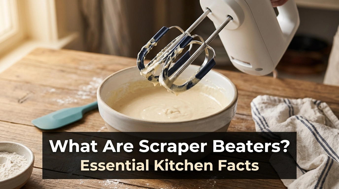 Scraper beaters attached to a hand mixer above a bowl of cake batter.