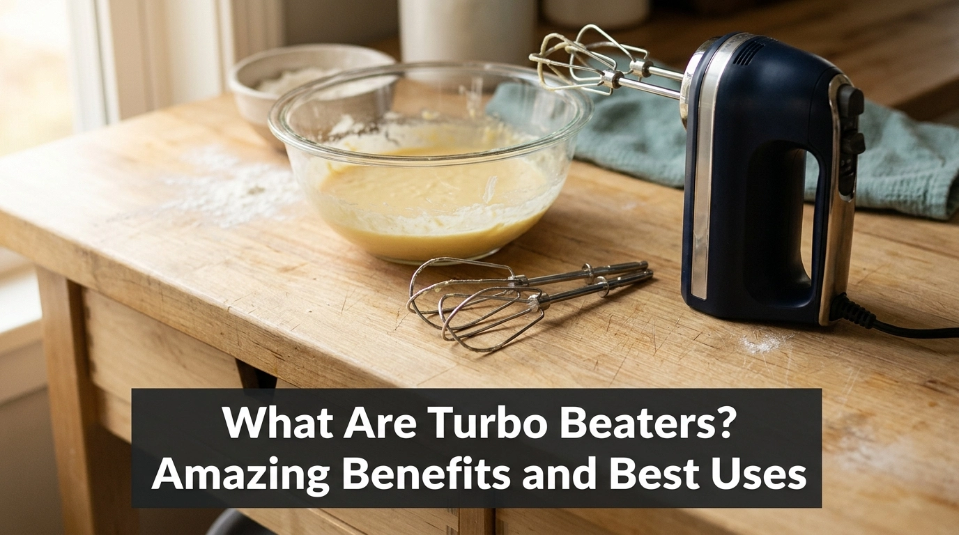Turbo beaters beside a hand mixer and mixing bowl with eggs and cake batter.