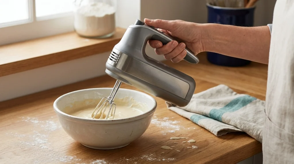 Close-up of a home cook holding an ergonomic hand mixer with a natural wrist position over a bowl.