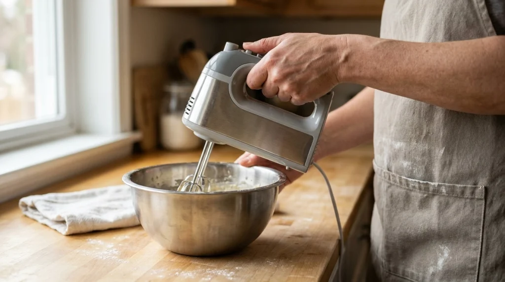 Close-up of a home baker holding a hand mixer to show its weight distribution.