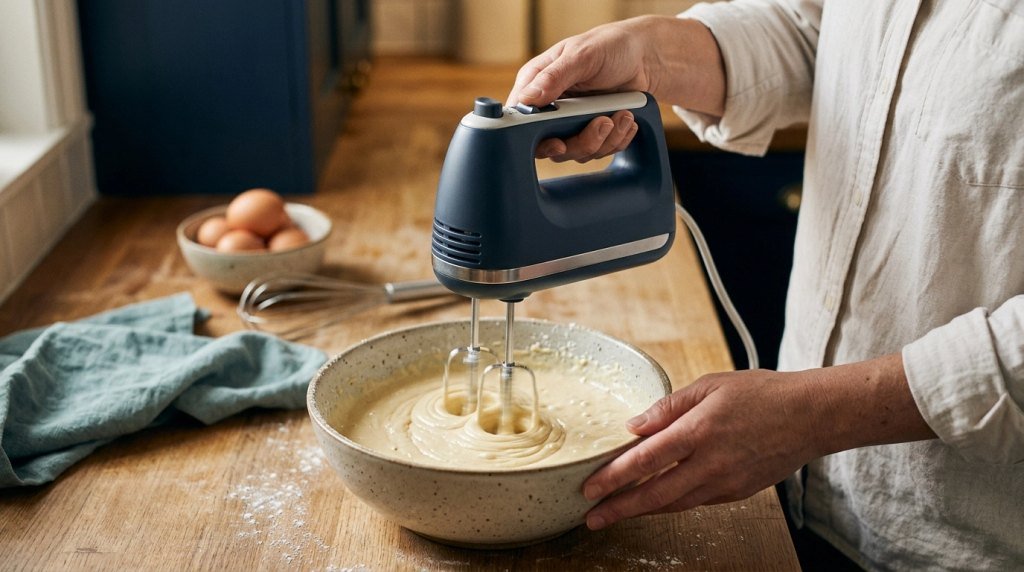 Compact hand mixer with rotating metal beaters blending cake batter in a ceramic bowl.