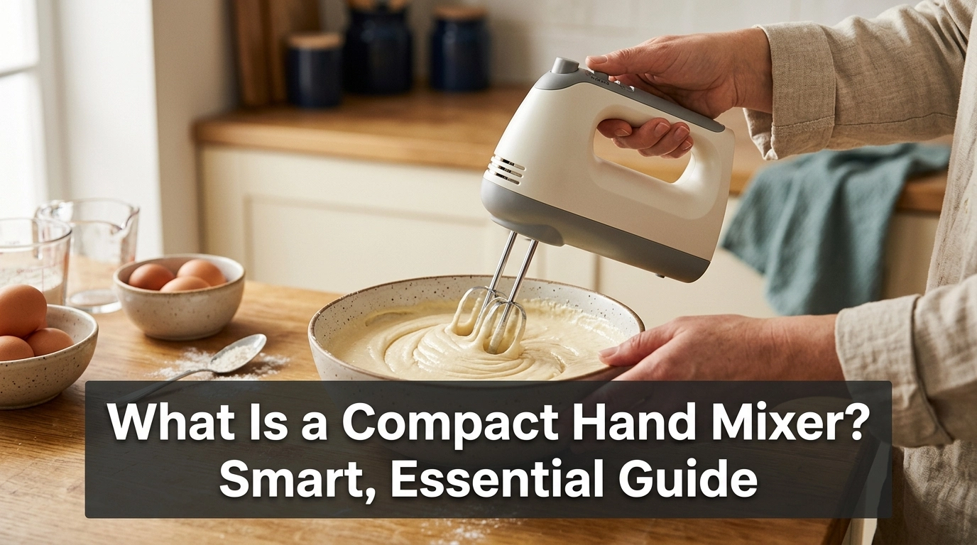 Compact electric hand mixer blending cake batter in a ceramic bowl on a small kitchen countertop.