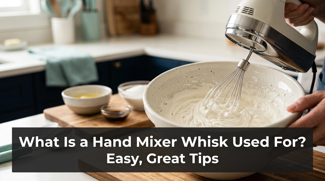 Hand mixer whisk whipping fluffy cream in a home kitchen.