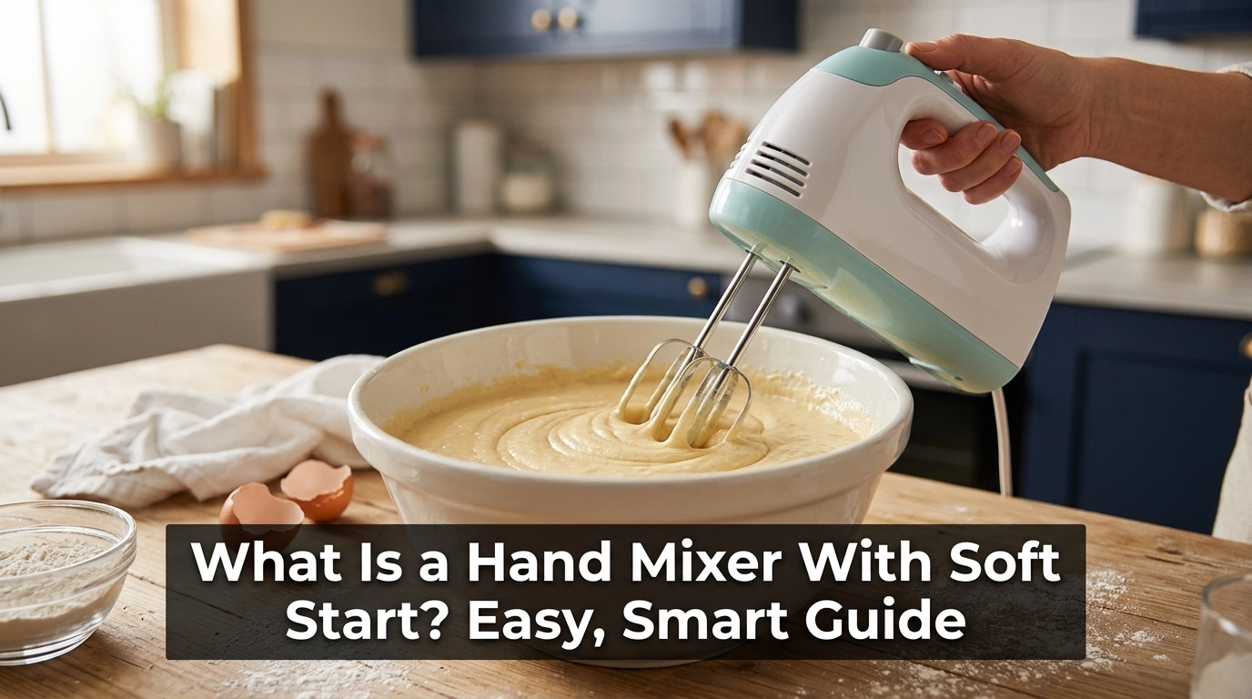 Hand mixer with soft start gently blending cake batter in a ceramic bowl on a kitchen counter.
