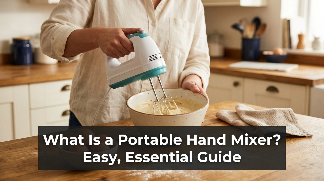 Portable hand mixer blending cake batter in a ceramic bowl on a bright kitchen countertop.