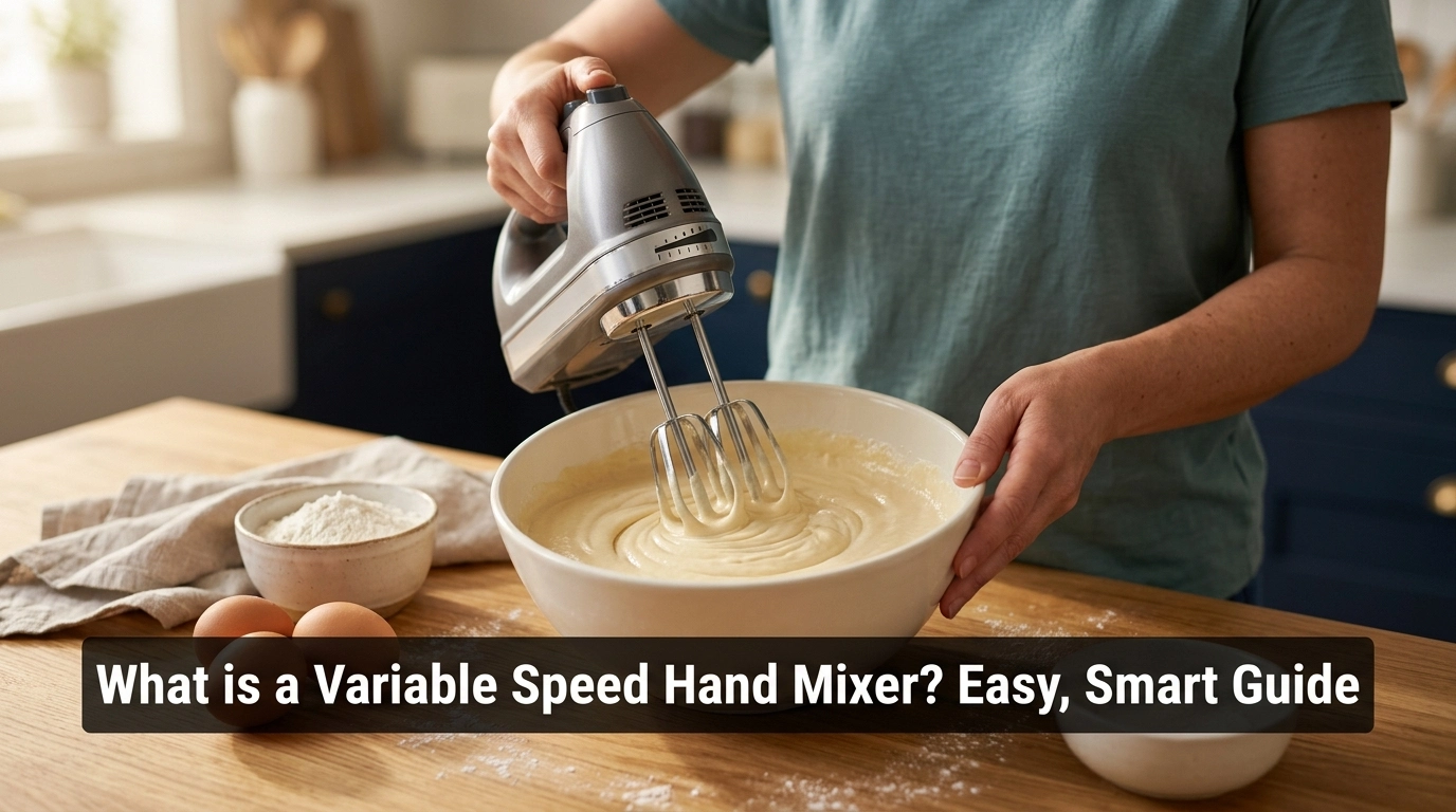 Variable speed hand mixer blending cake batter in a home kitchen with adjustable speed controls.