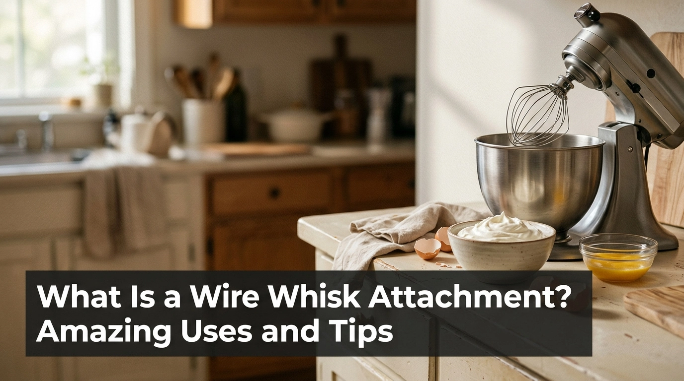 Wire whisk attachment on a stand mixer beside bowls of whipped cream and beaten eggs.