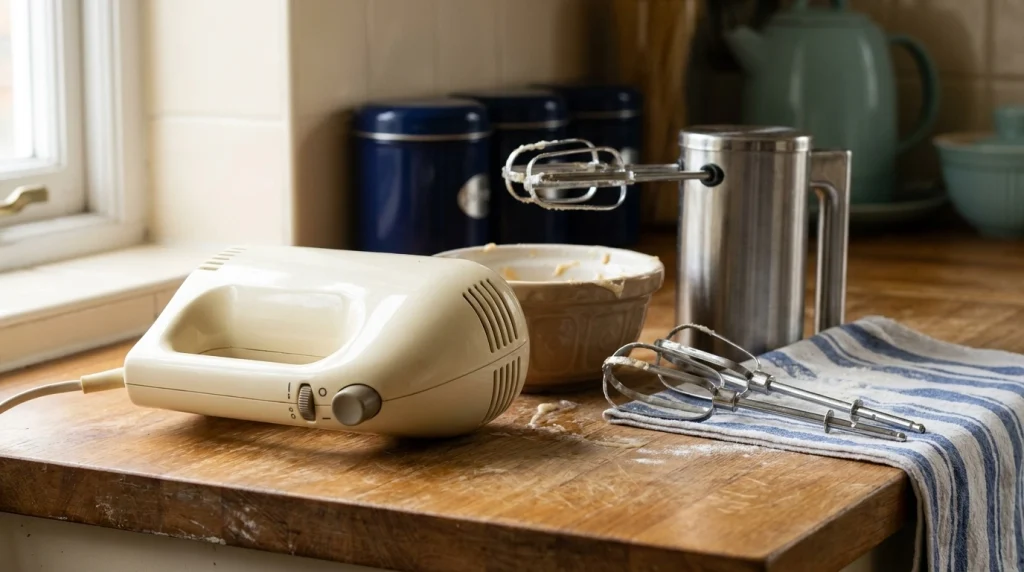 Plastic hand mixer housing showing the handle, speed selector, eject button, and ventilation slots.
