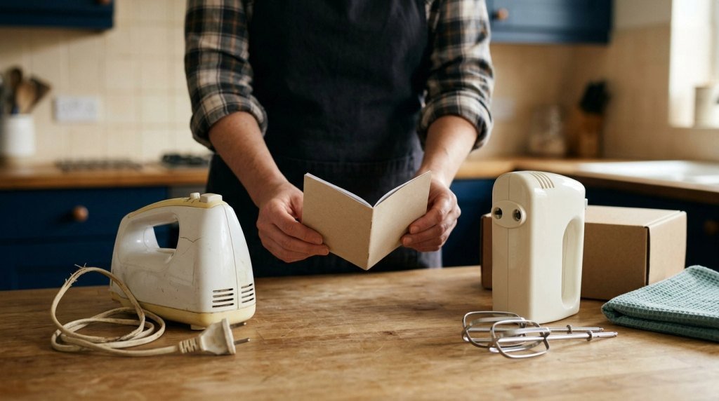 Damaged compact hand mixer compared with a new replacement on a kitchen counter beside warranty paperwork.
