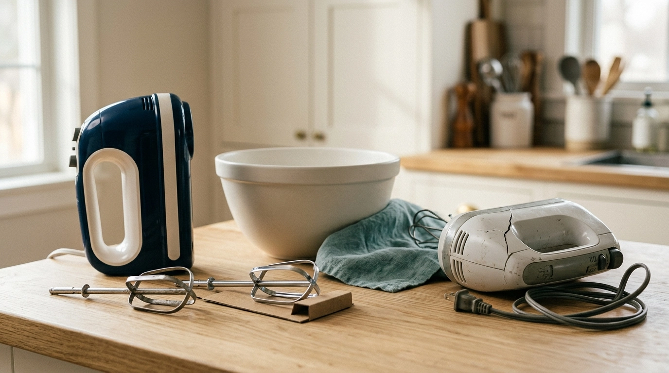 Modern digital hand mixer blending cake batter in a ceramic bowl with electronic speed controls.