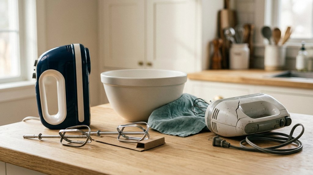 Working digital hand mixer with replacement beaters beside an older mixer with a cracked housing.