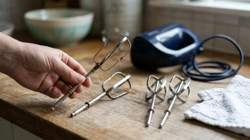 Damaged and intact hand mixer beaters compared on a kitchen counter before replacement.