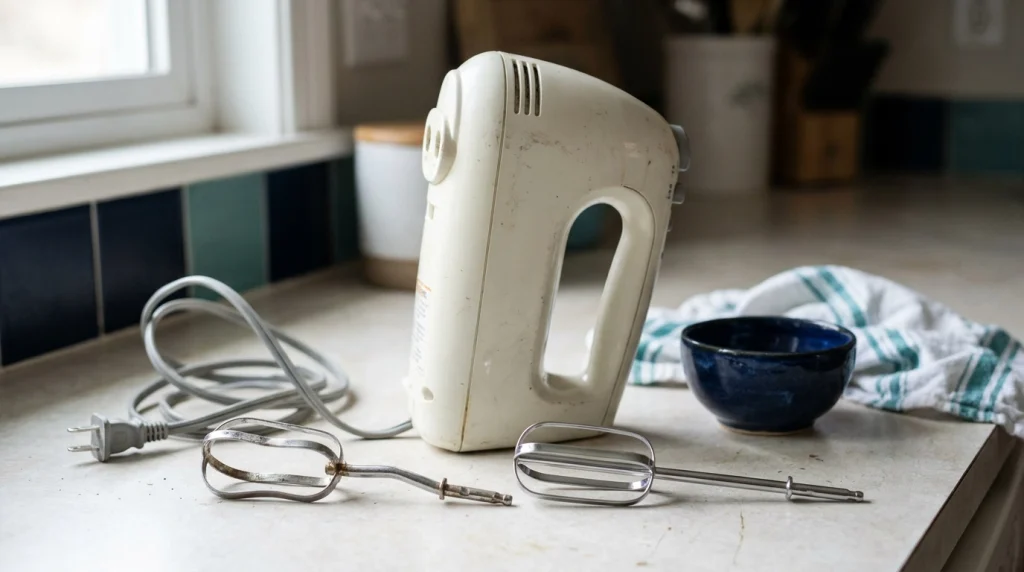 Used hand mixer with a bent beater and an intact replacement attachment on a kitchen counter.