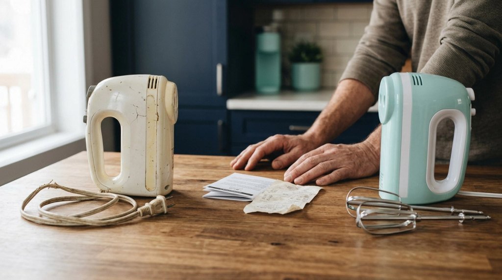 Old damaged hand mixer beside a new mixer, with warranty papers on a kitchen counter.