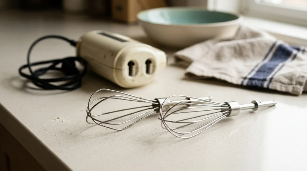 Bent hand mixer whisk beside an intact replacement attachment on a kitchen worktop.