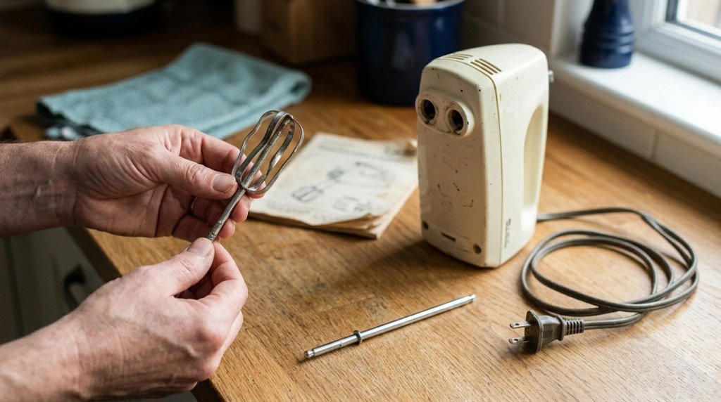 Unplugged variable speed hand mixer with a bent beater being inspected beside a compatible replacement.