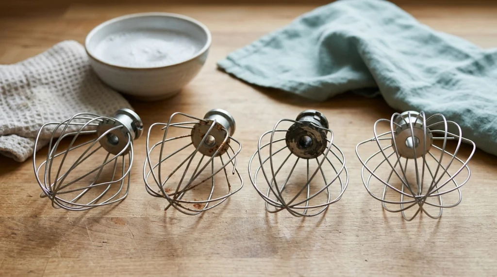 Wire whisk attachment with bent wires and rust beside an undamaged whisk and cleaning cloth.