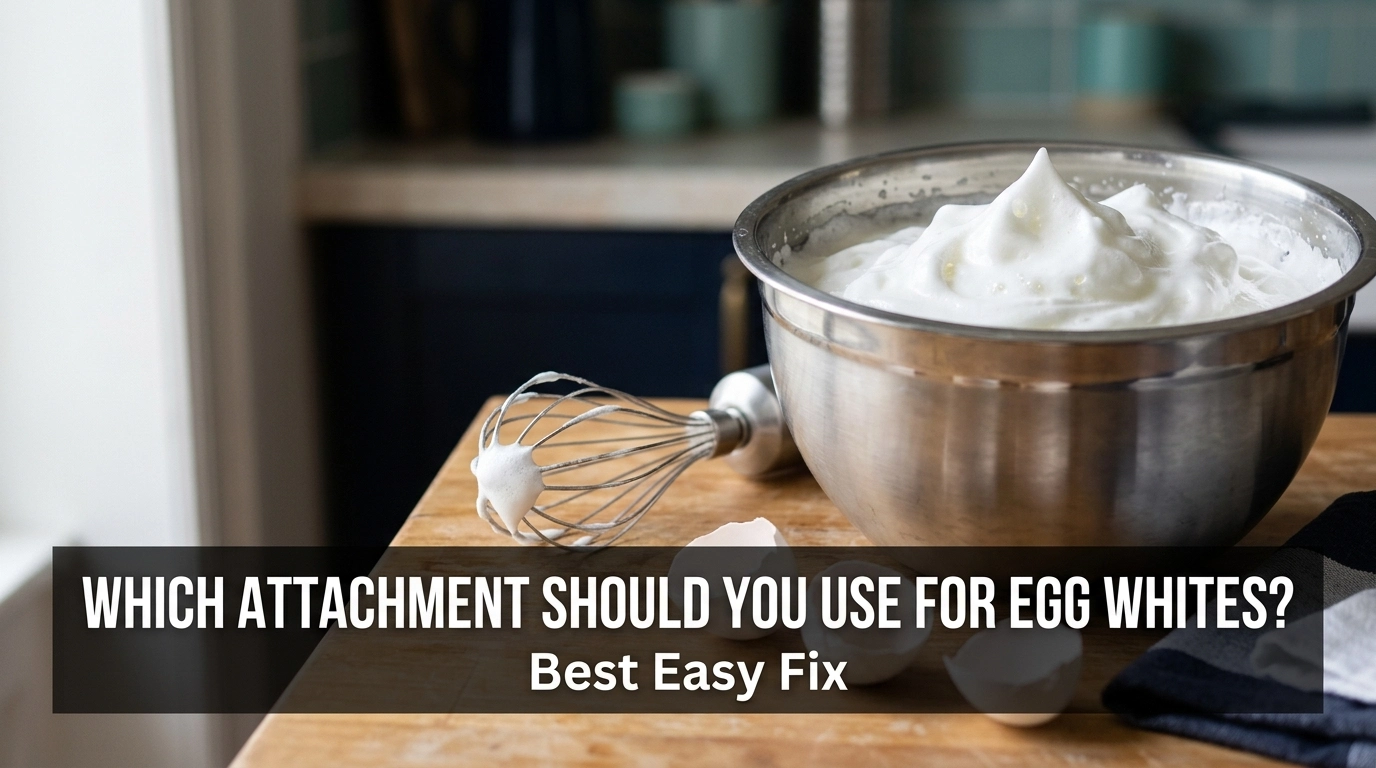 Which attachment should you use for egg whites, showing a wire whisk and fluffy whipped egg whites.
