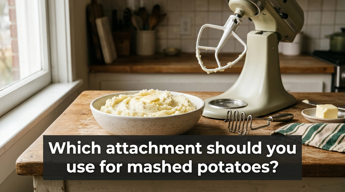 Which attachment should you use for mashed potatoes, with a paddle beater, hand masher, and bowl of fluffy potatoes.