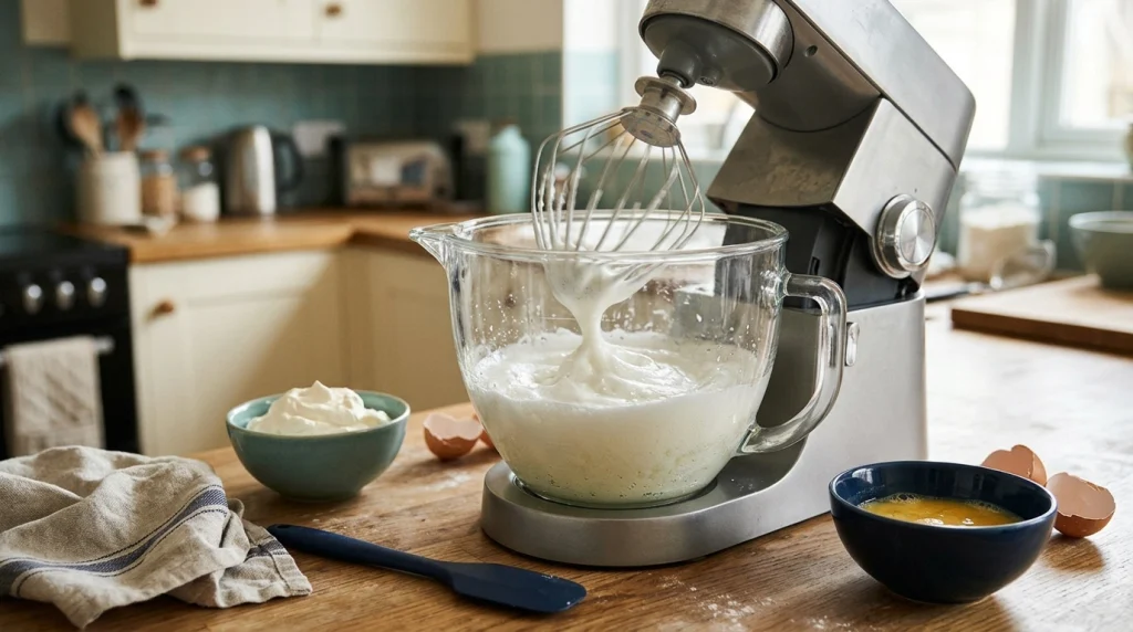 Wire whisk attachment beating egg whites into foam beside bowls of whipped cream and beaten eggs.