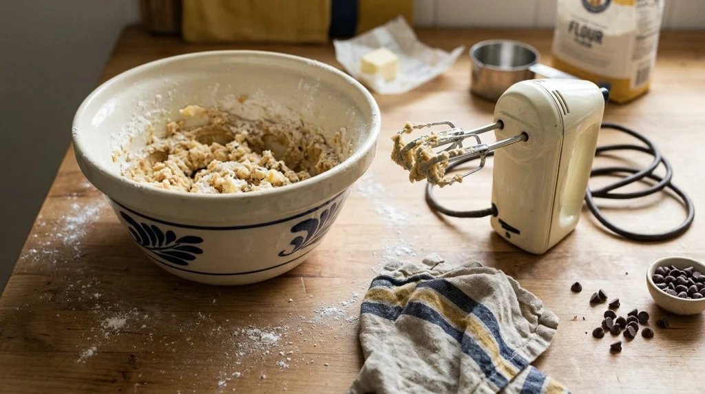 Cookie dough clinging to regular hand mixer beaters beside a bowl of flour and butter.